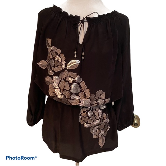 CACHE TOP BLOUSE TUNIC BLACK PEASANT EMBELLISHED SEQUINS Size S - Picture 1 of 11